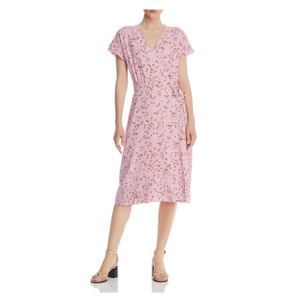 JOIE Womens Pink Floral Short Sleeve V Neck Midi Wrap Dress Size: S
